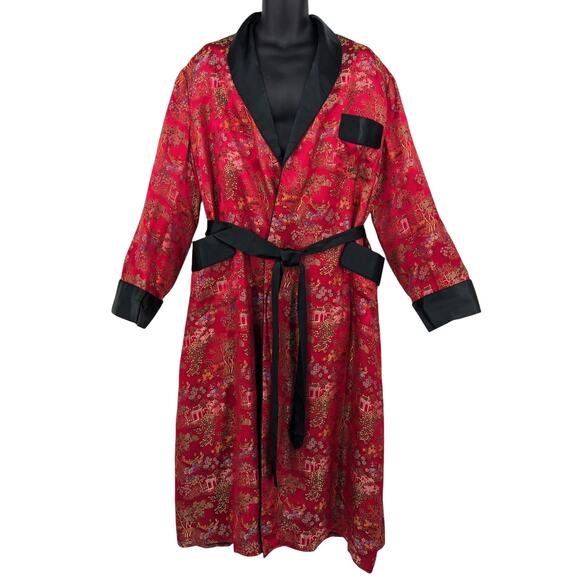 Vintage Men's NWT Luxe Deadstock LONGEVITY SILK ROBE Red Black Embroidered China - Picture 1 of 10